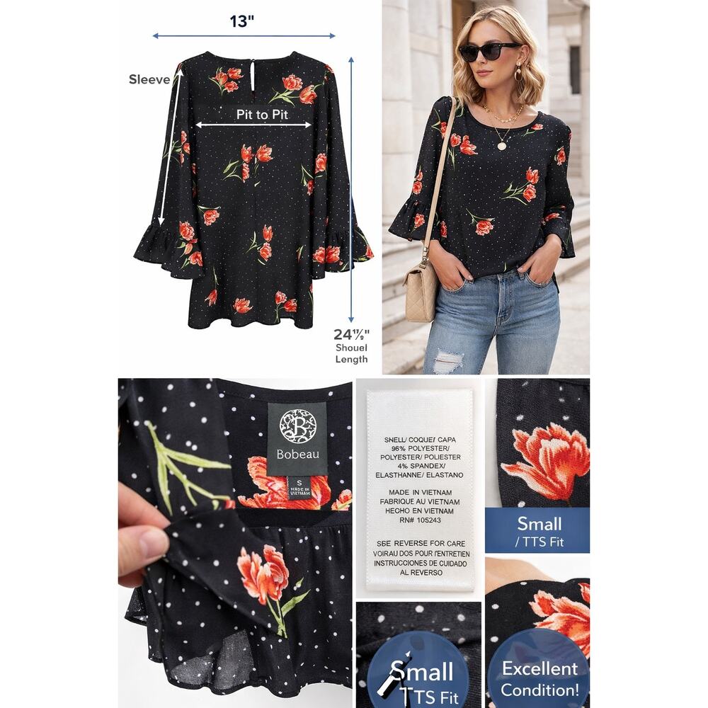 Bobeau Small Black Tulip Floral‎ Polka Dot Bell Sleeve Boho Romantic Blouse